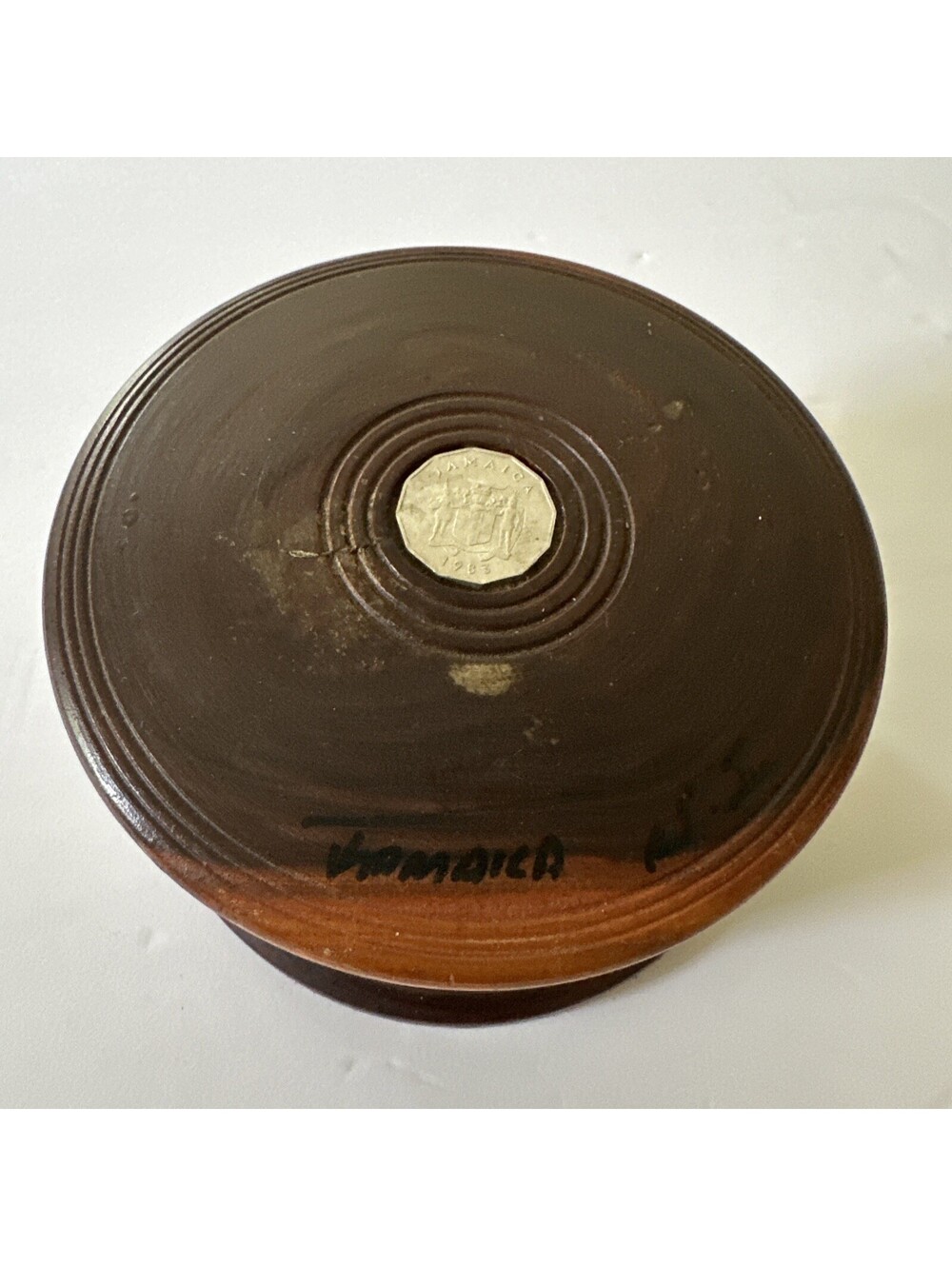 Vintage Jamaican Hand Turned 5" Wood Coaster Set Jamaican Coin/ 6 Coasters